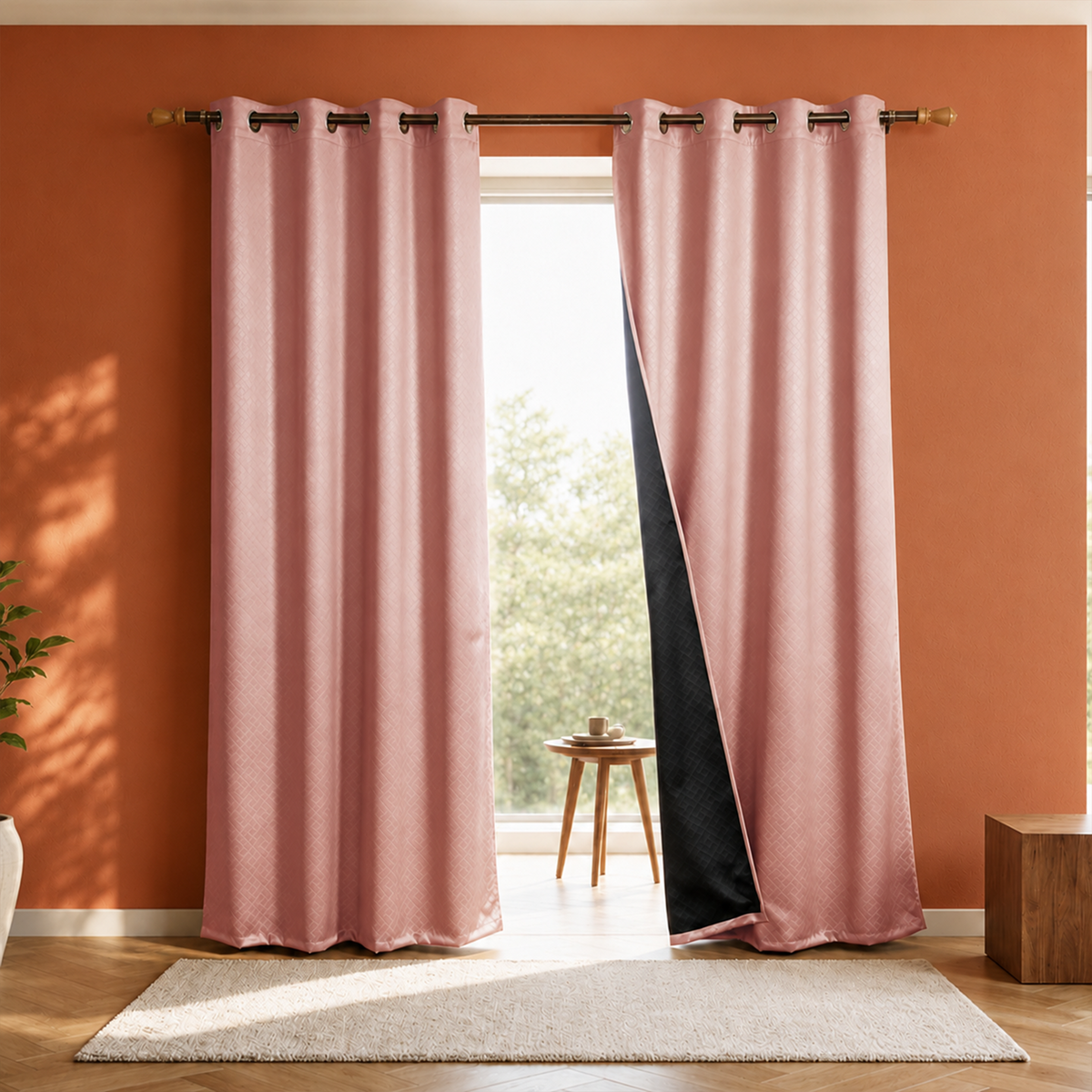 Peach Embossed Blackout Curtain (Brick Lace - Eyelet)-2
