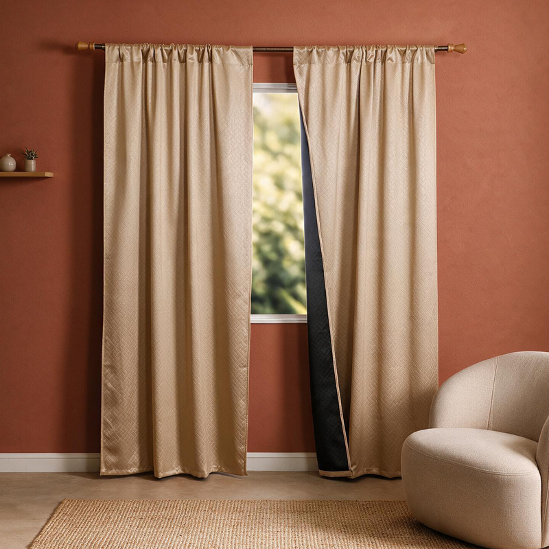 Beige Embossed Blackout Curtain (Brick Lace - Rod Pocket)-2