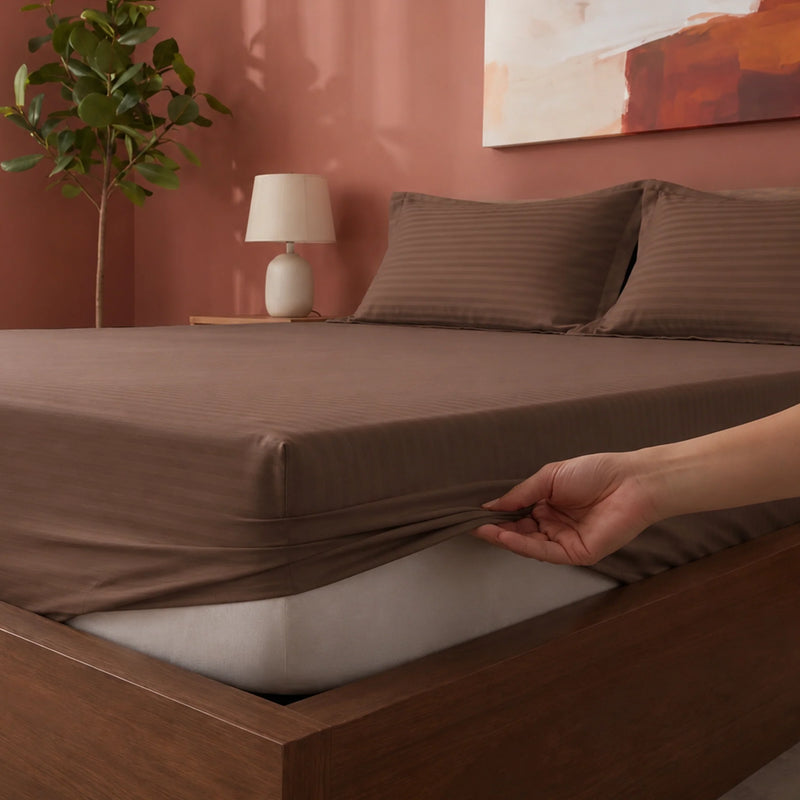 Breton Drift - Satin Stripes Fitted Bedsheet (Brown)-2