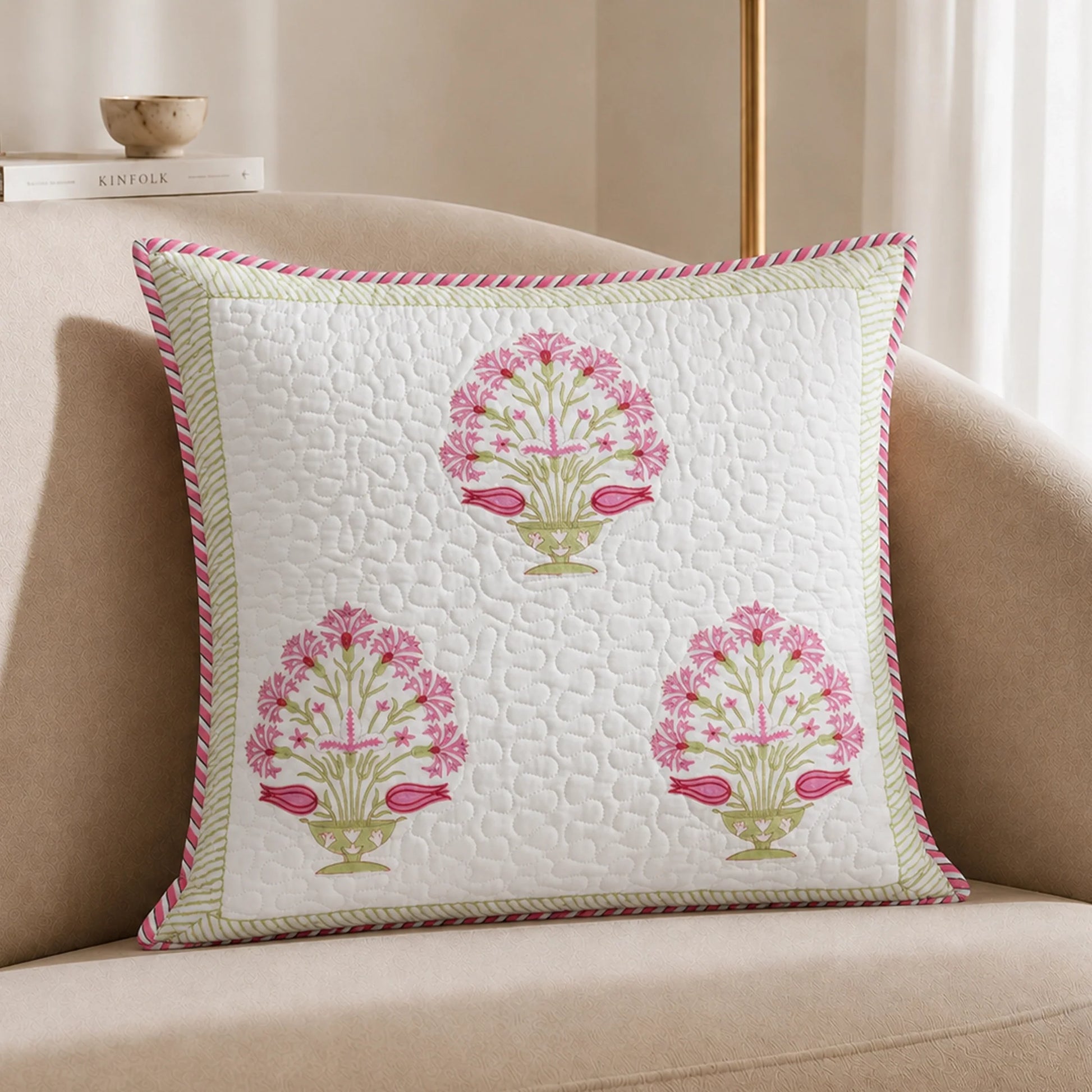 Ombre Rosey - Hand Block Print Quilted Cushion Cover (Pink)-6