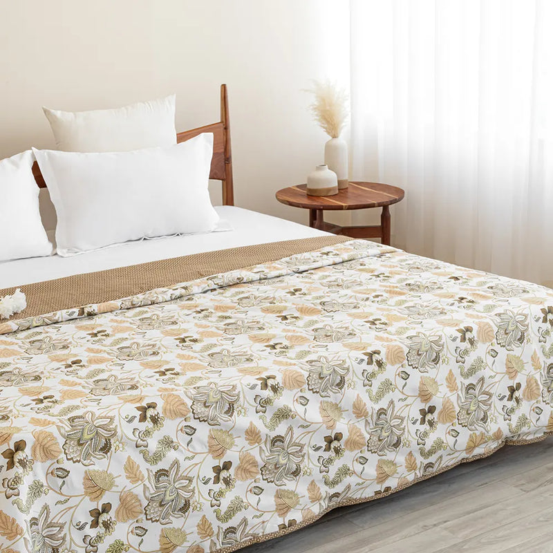 Imprimer Symphony - Floral Printed Dohar (White & Dark Camel)-2