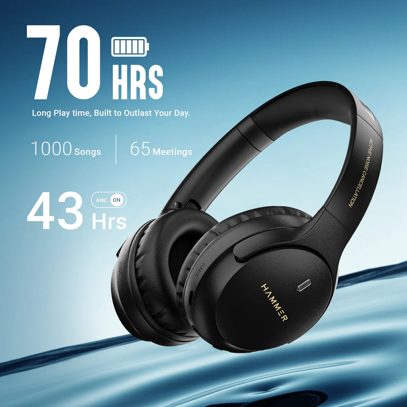Hammer Bash Vivid ANC Wireless Bluetooth Over-Ear Headphones with 23 dB 70h Playtime, Type-C Fast Charging, Foldable Black-6