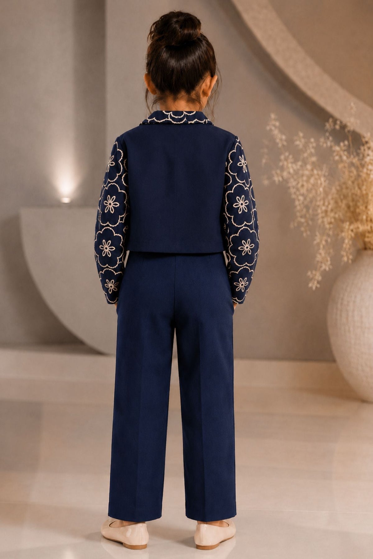 Navy Blue Embroidered Co-ord Set with Cropped Jacket For Girls