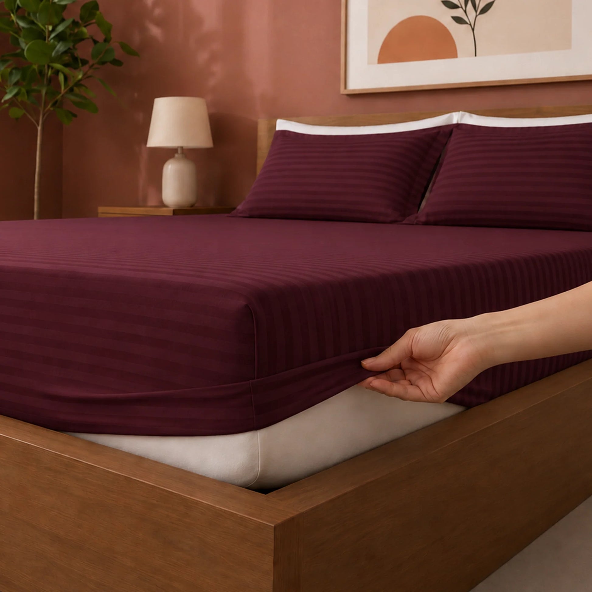 Breton Drift - Satin Stripes Fitted Bedsheet (Maroon)-2