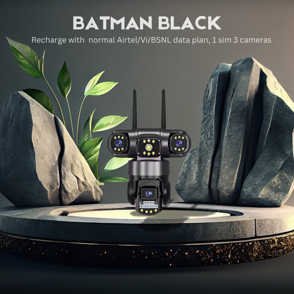 Maizic Smarthome Batman Black 3-in-1 WiFi CCTV Camera | Triple Lens & 3 Screen View | 360° PTZ + Dual 180° Side Cameras | AI Human Detection | Color Night Vision | Two-Way Audio | Home Security Camera