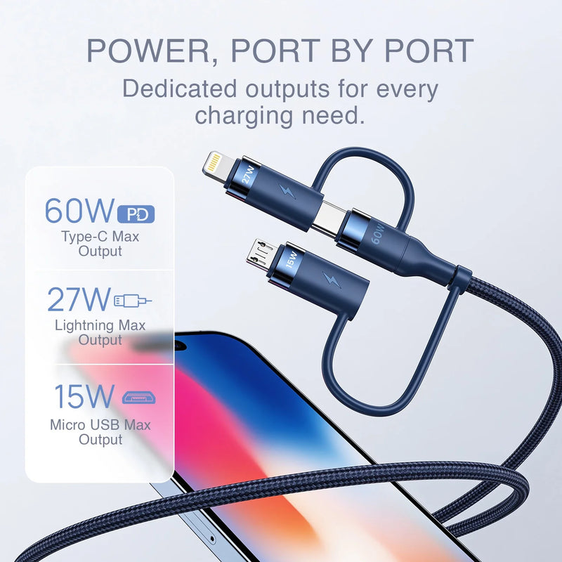 HAMMER 60W 5 in 1 Cable, PD Fast Charging Cable, USB C/A to 60W Type C / 15W Micro / 27W Lightning - Blue-3