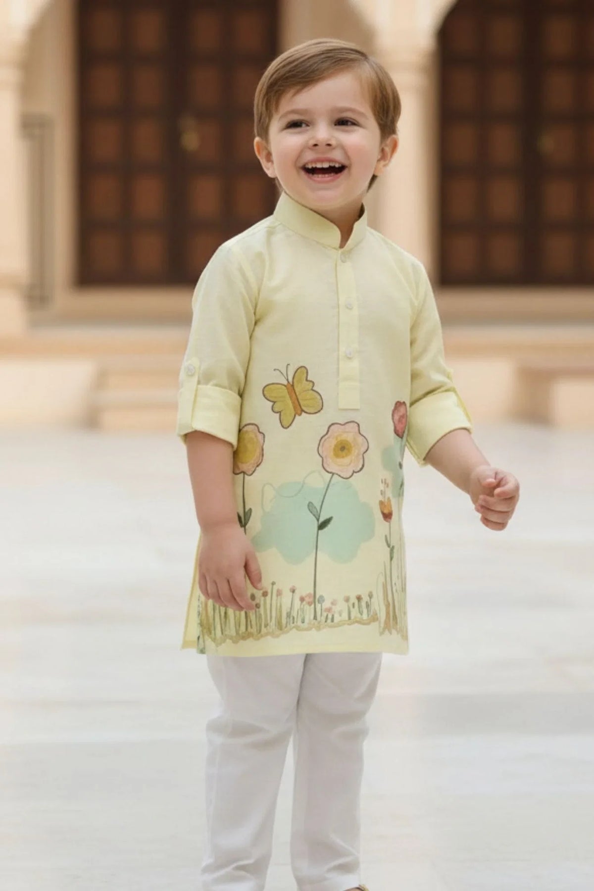 Pastel Yellow Floral Print Kurta with White Pajama For Boys