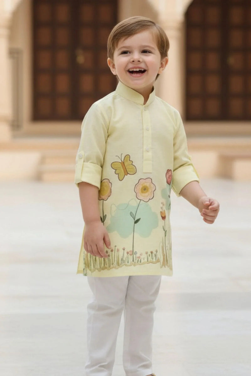 Pastel Yellow Floral Print Kurta with White Pajama For Boys
