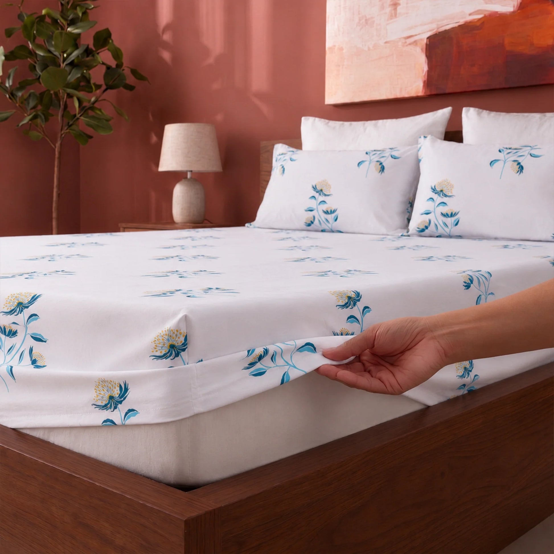Wild Grace Flower - Floral Fitted Sheet (Turquoise & Blue)-2