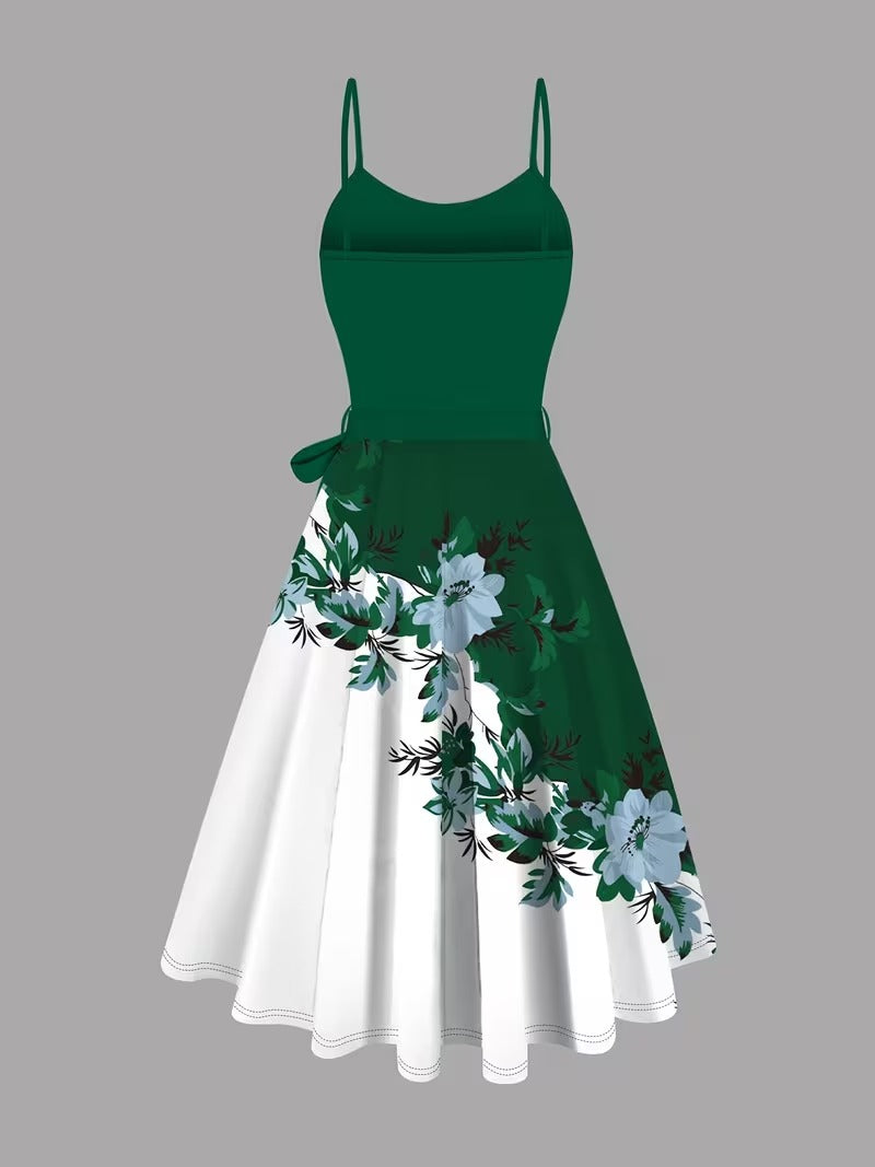 Amara Floral Midi Dress with Shrug | Green Cardigan Jacket with Floral Suspender Dress Set