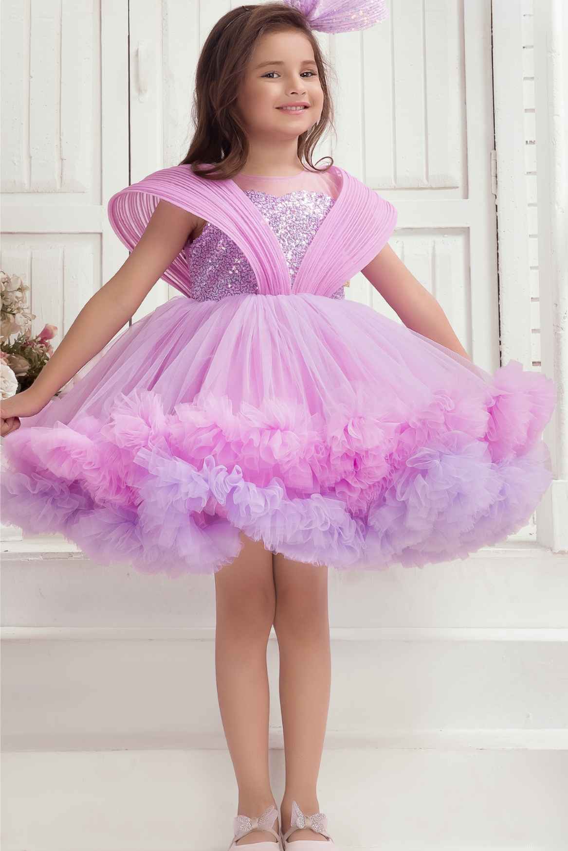 Lavender Ruffle Party Frock with Sparkle Sequins Embellishment For Girls