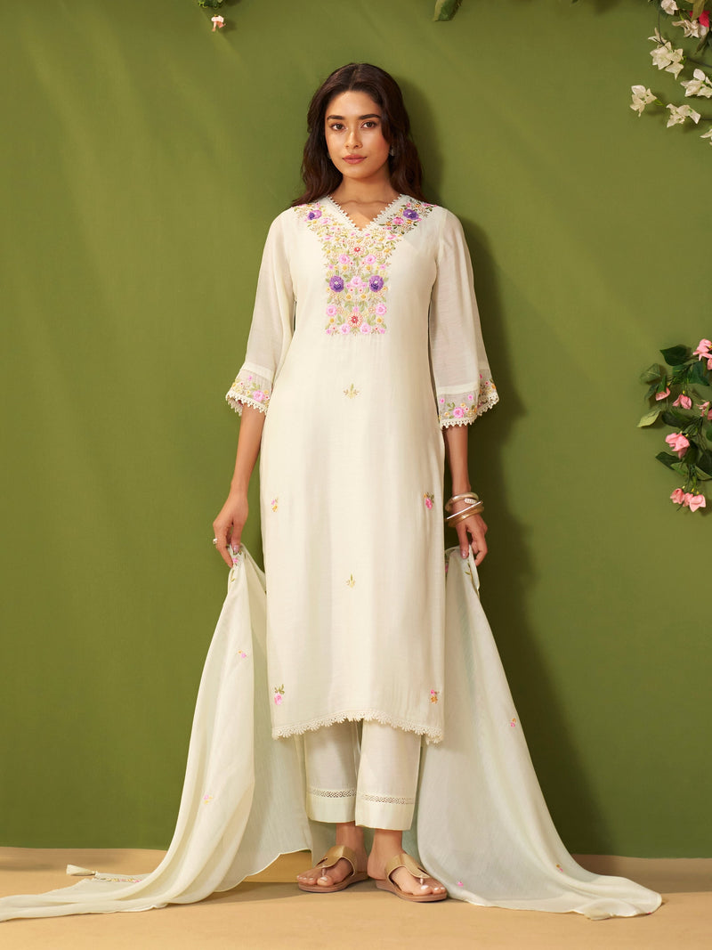 Komal White Mul Chanderi Suit Set