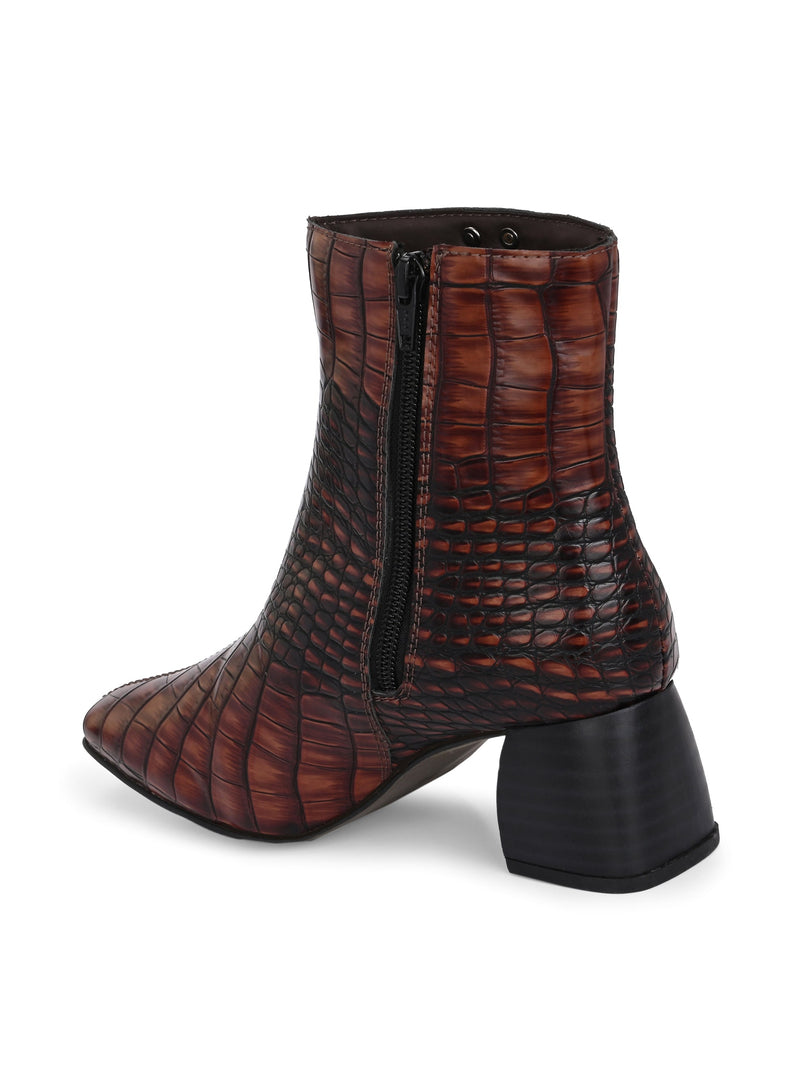 Brown crocodile-patterned high heel boot with a block heel and El Paso branding.