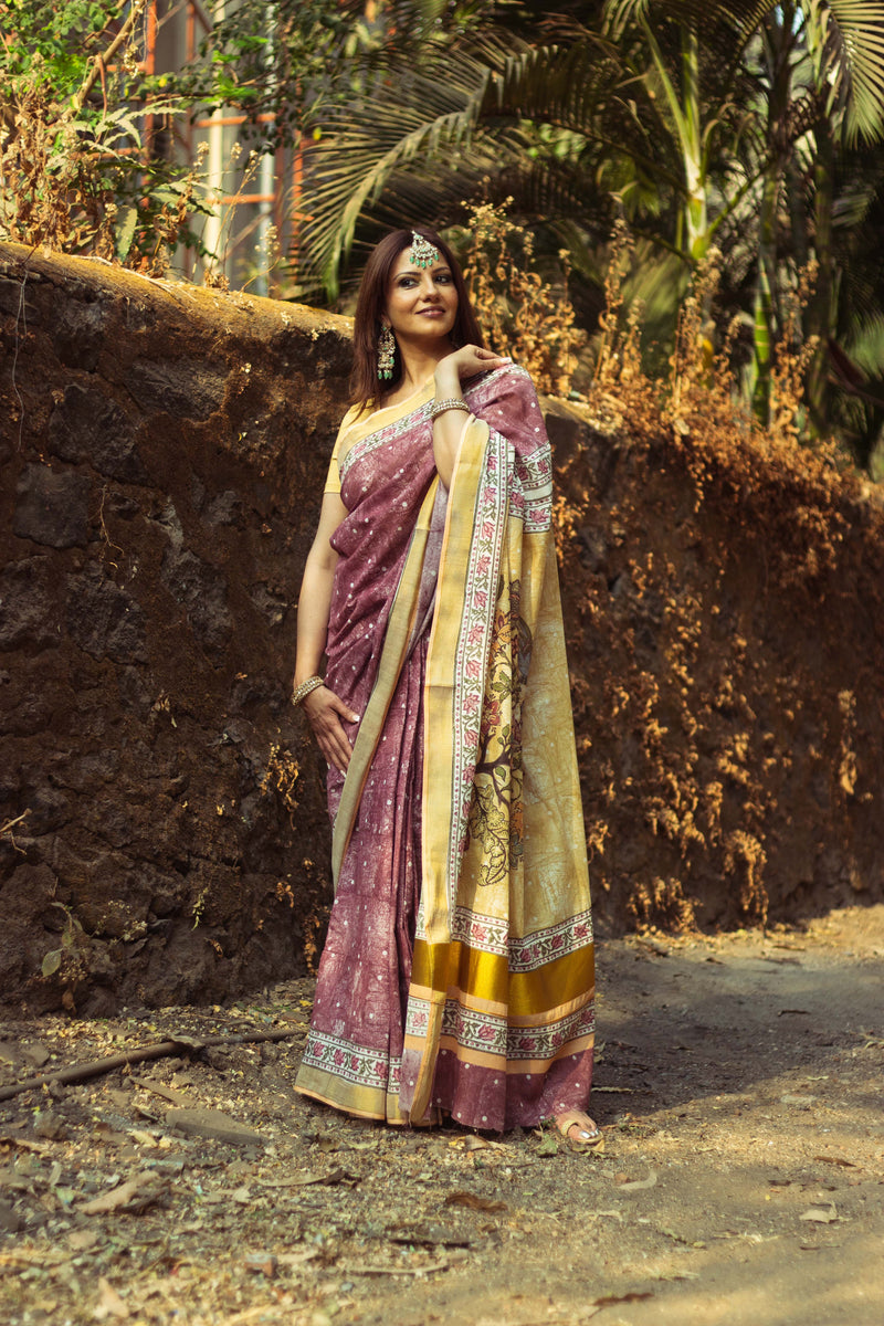 Cotton Kasavu Saree,Tree of Life Design • Wine⁸-1