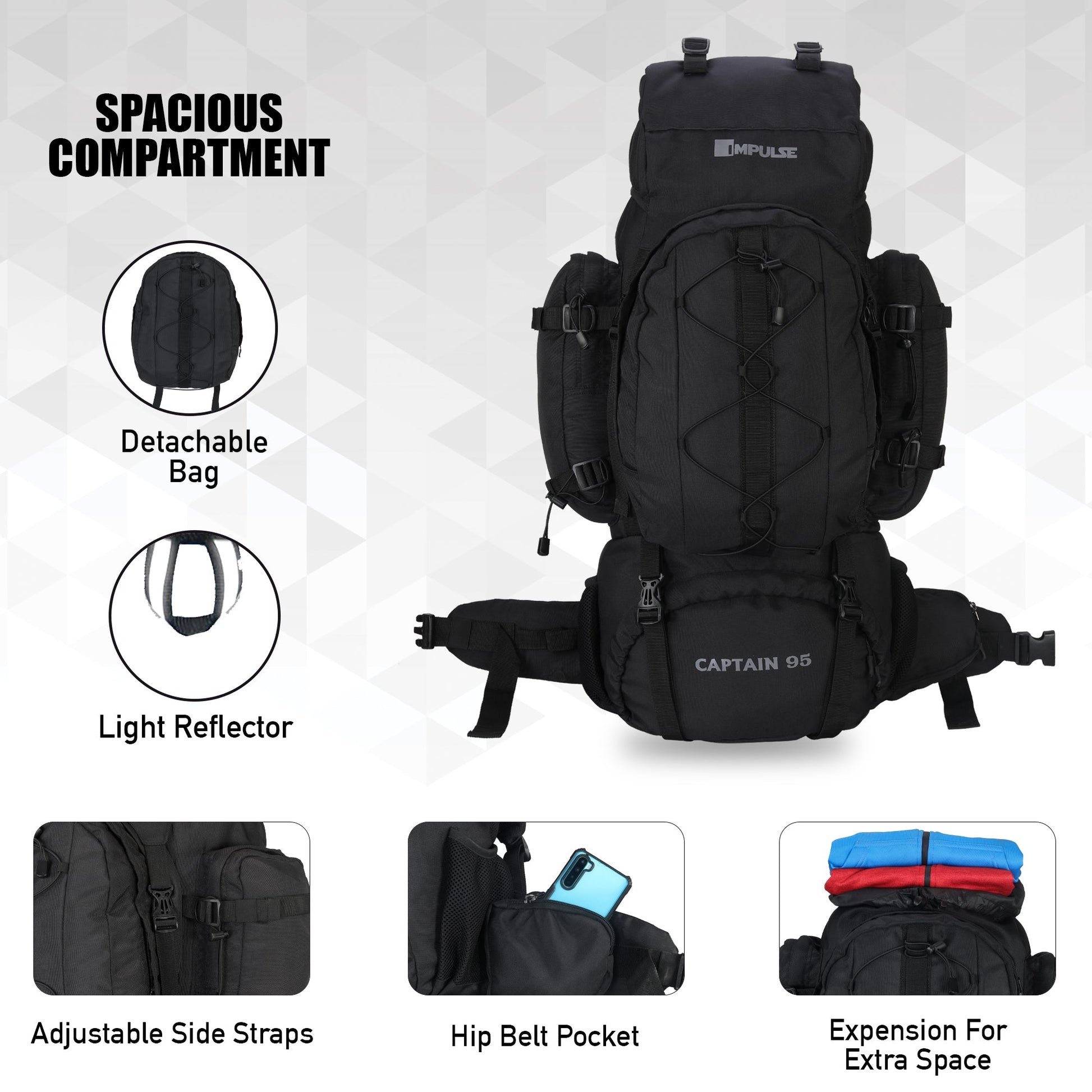95 Litres Impulses Impulse Captain Black Trekking bag-2