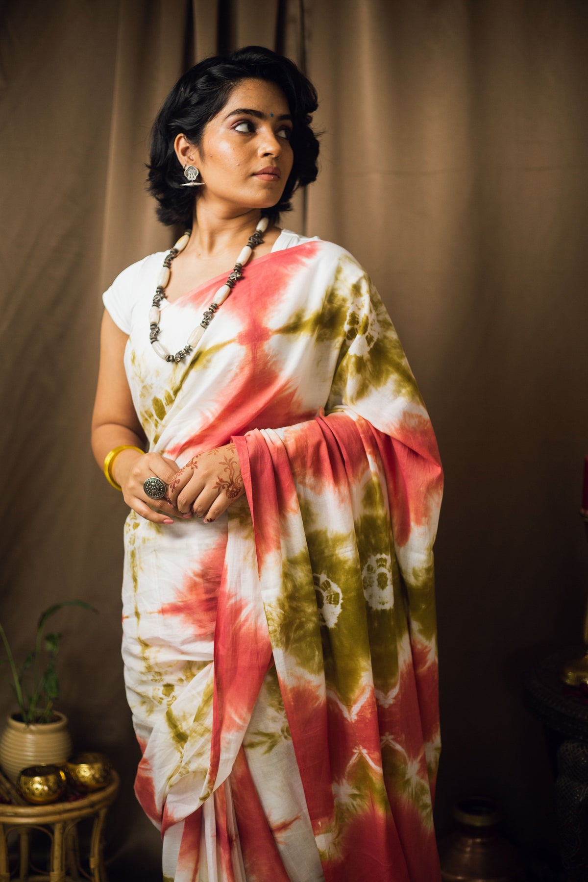 Cotton Mul Tie Dye Saree Green Earth-2