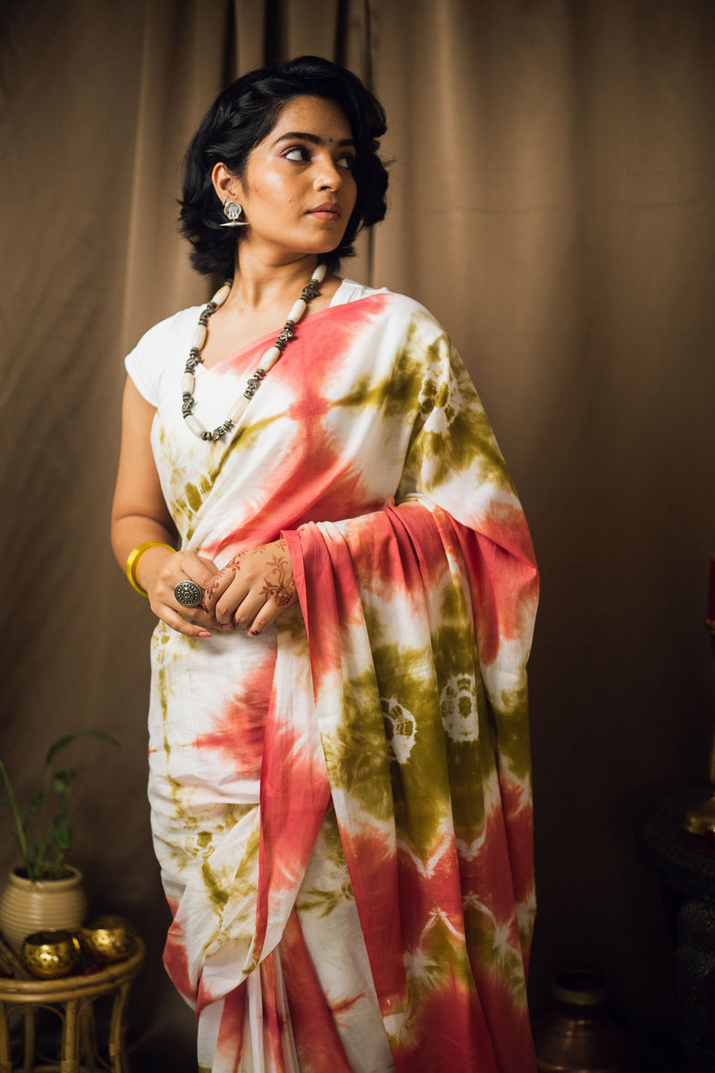 Cotton Mul Tie Dye Saree Green Earth-2