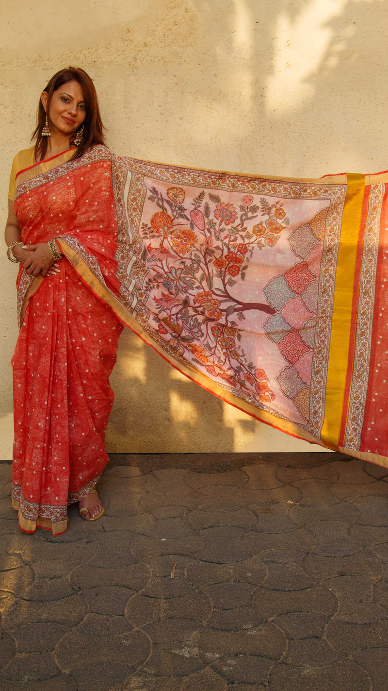 Cotton Kasavu Saree,Tree of Life Design • Coral-6