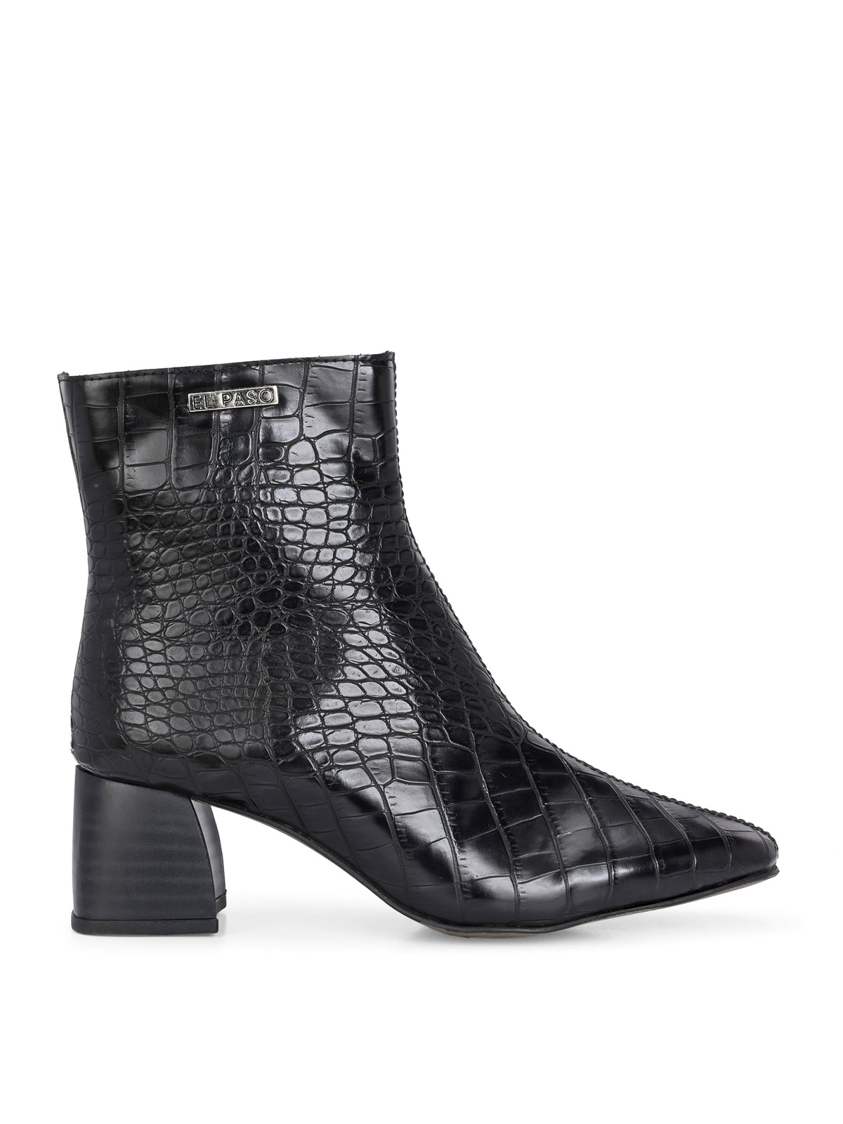 Black crocodile-patterned high heel boot with a block heel and El Paso branding.