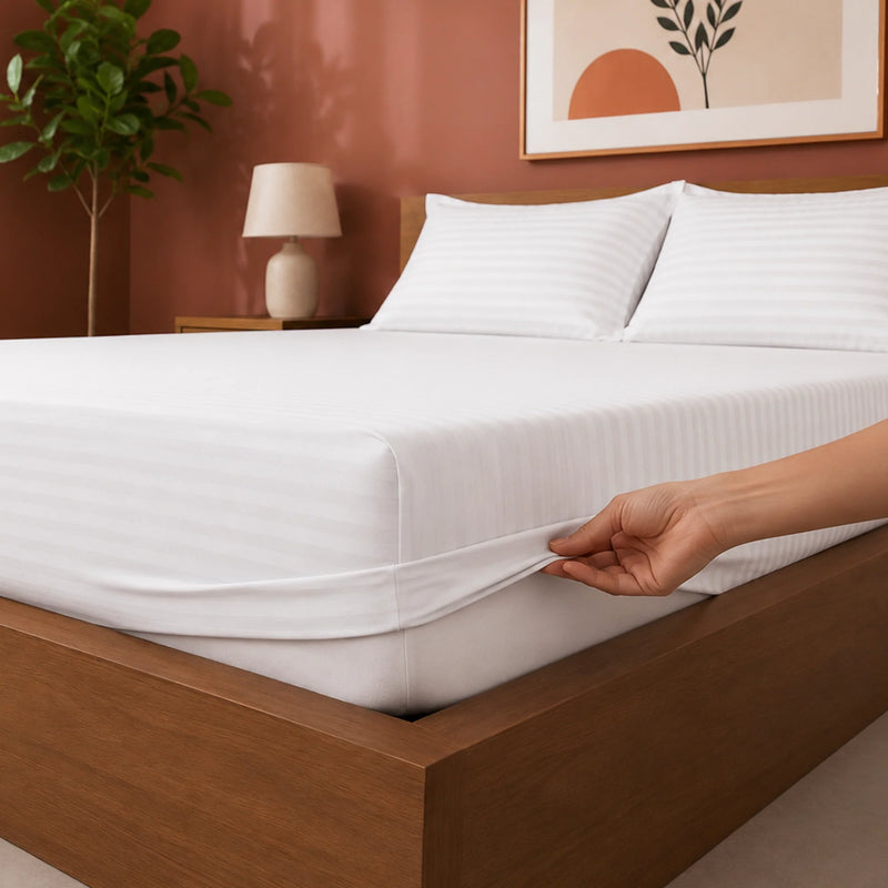 Breton Drift - Satin Stripes Fitted Bedsheet (White)-2