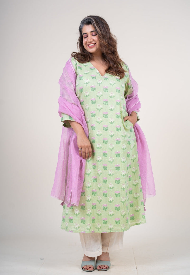 Reva Mint Green Printed Mul A Line Kurta with Hand Embroidery