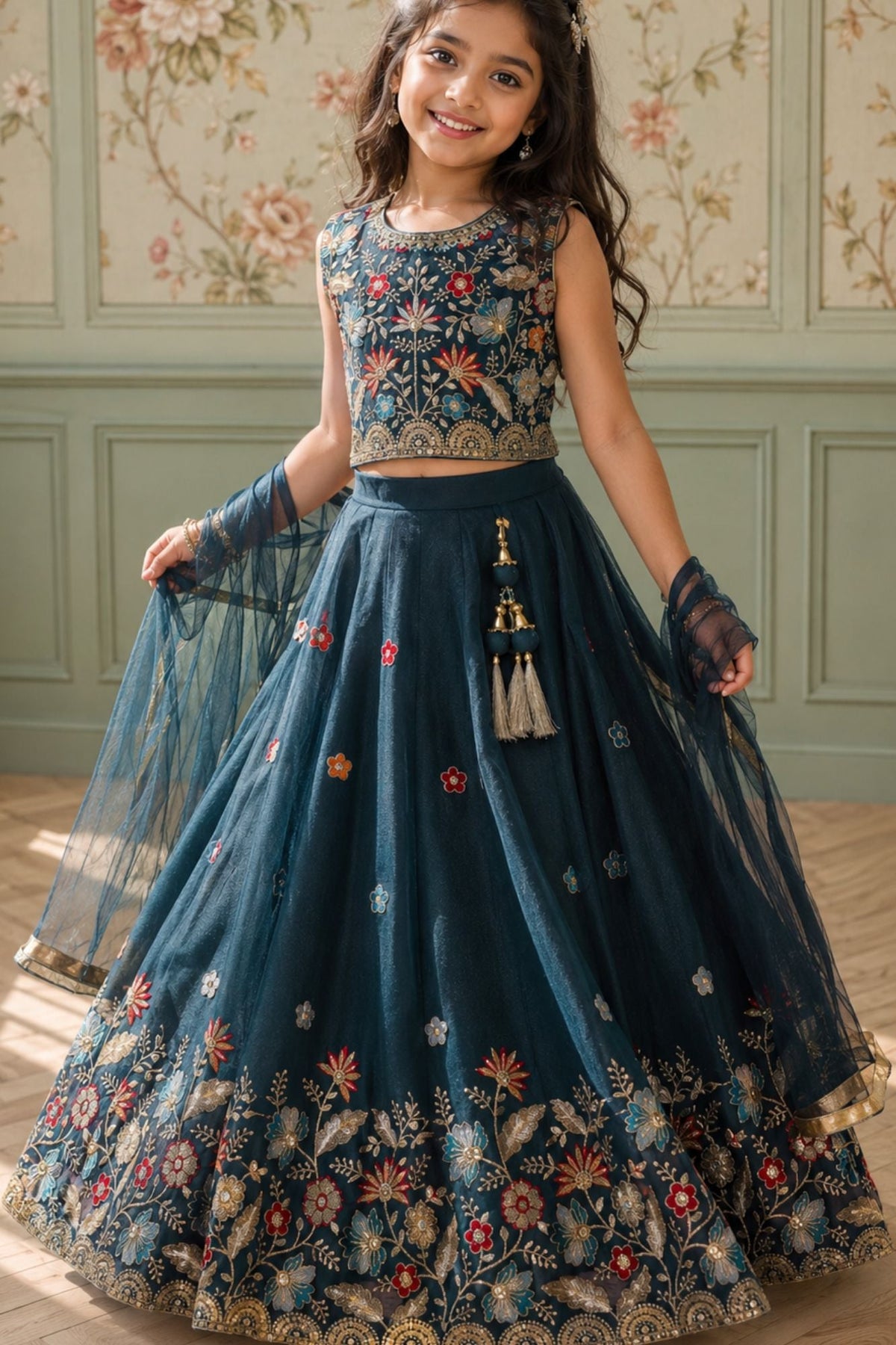 Deep Teal Blue Embroidered Lehenga Choli Set with Net Dupatta For Girls