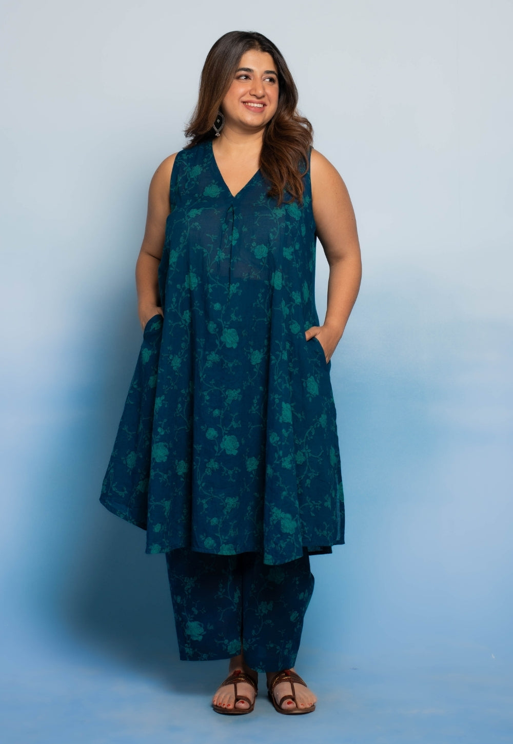 Raahi Blue Dabu Mul Cotton A Line Co-Ord Set