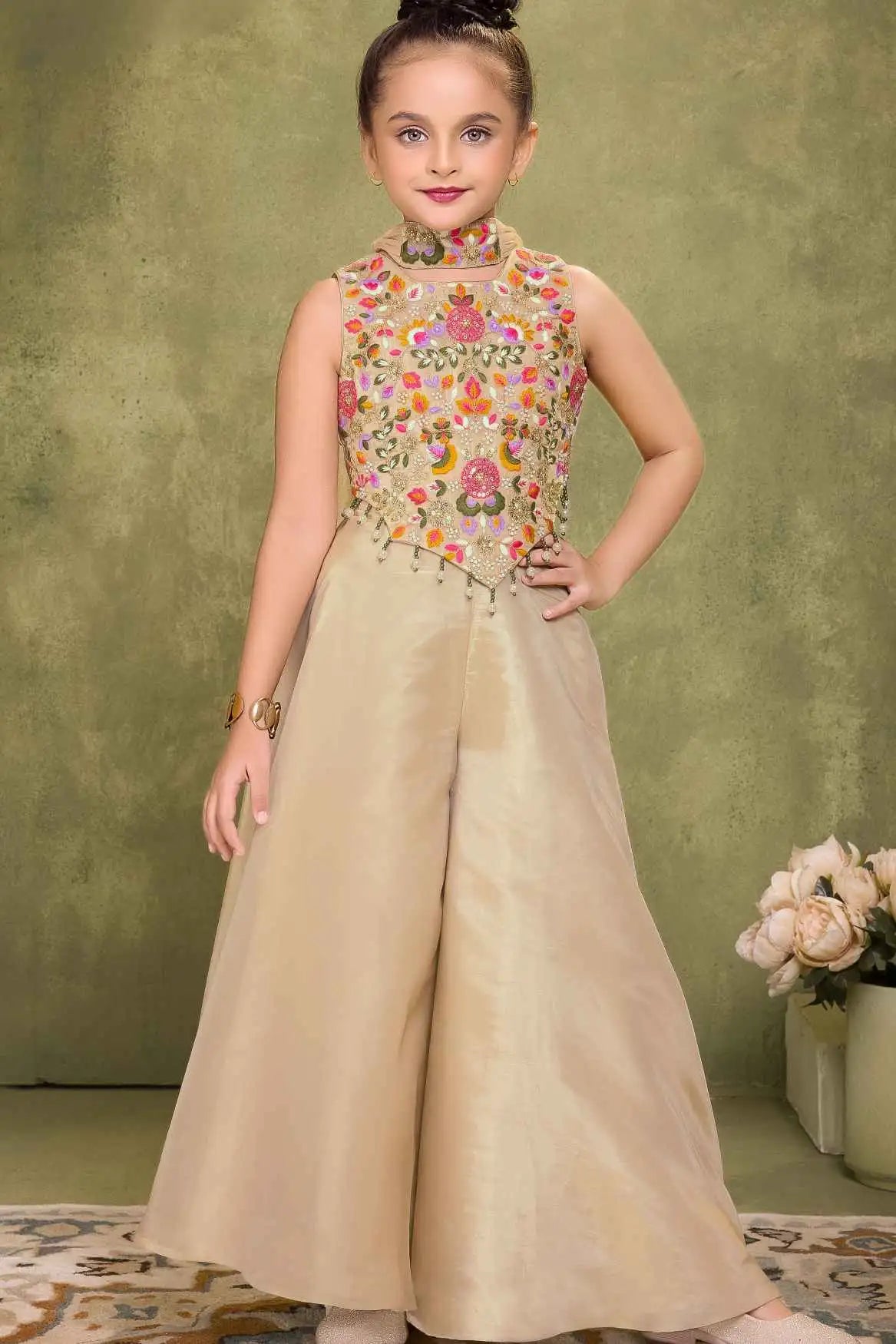 Fawn Sequins Work With Thread Embroidery Palazzo Set For Girls