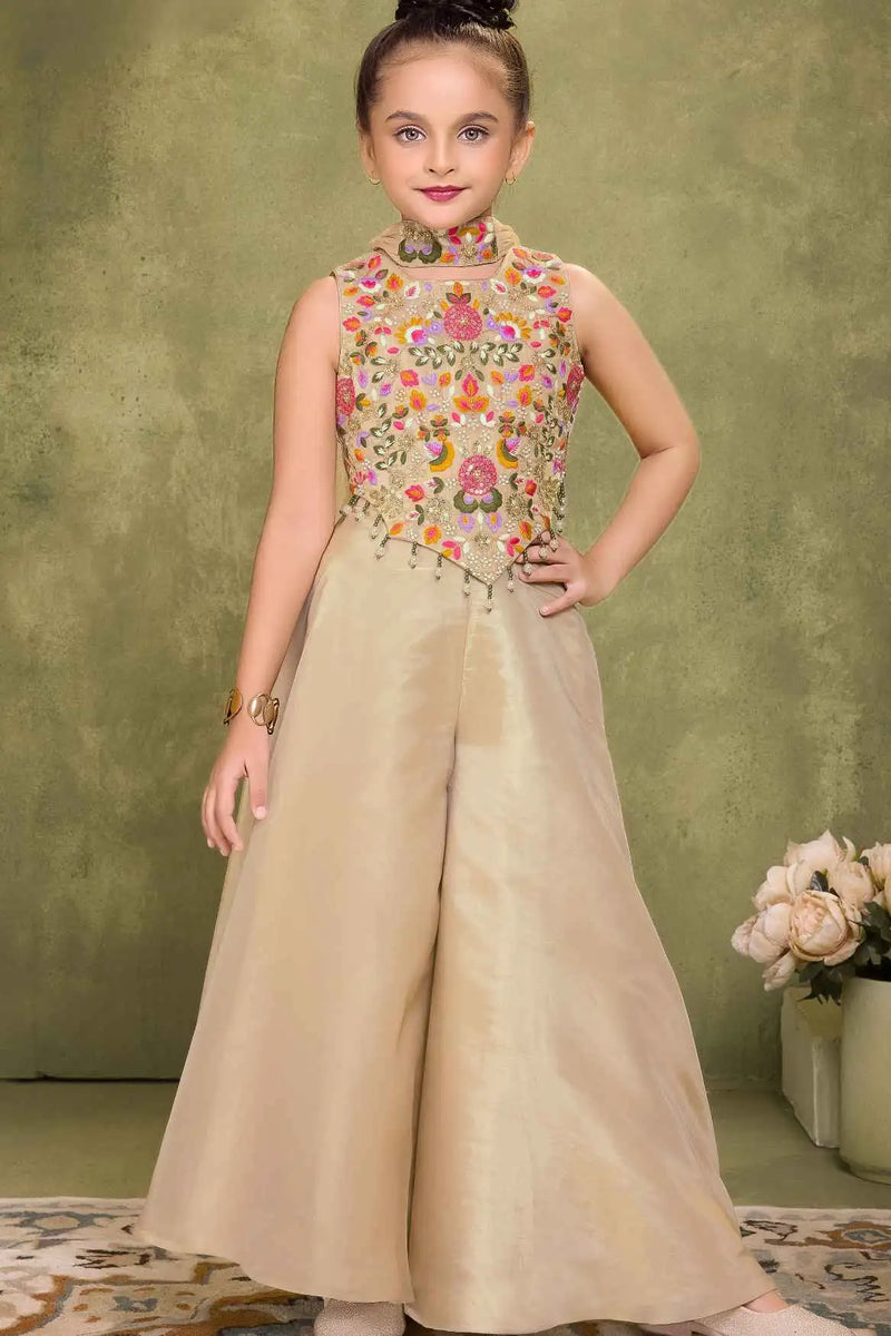 Fawn Sequins Work With Thread Embroidery Palazzo Set For Girls