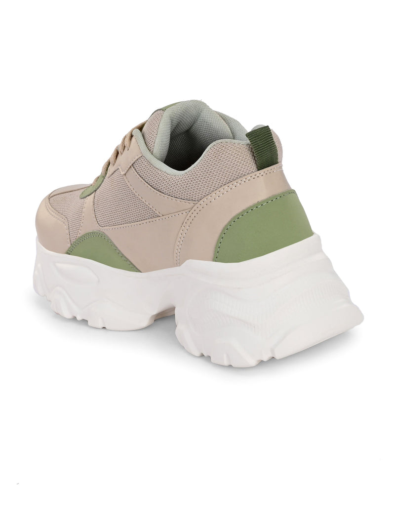 EL PASO Women Beige Faux Leather Casual Lace Up Sneakers-3