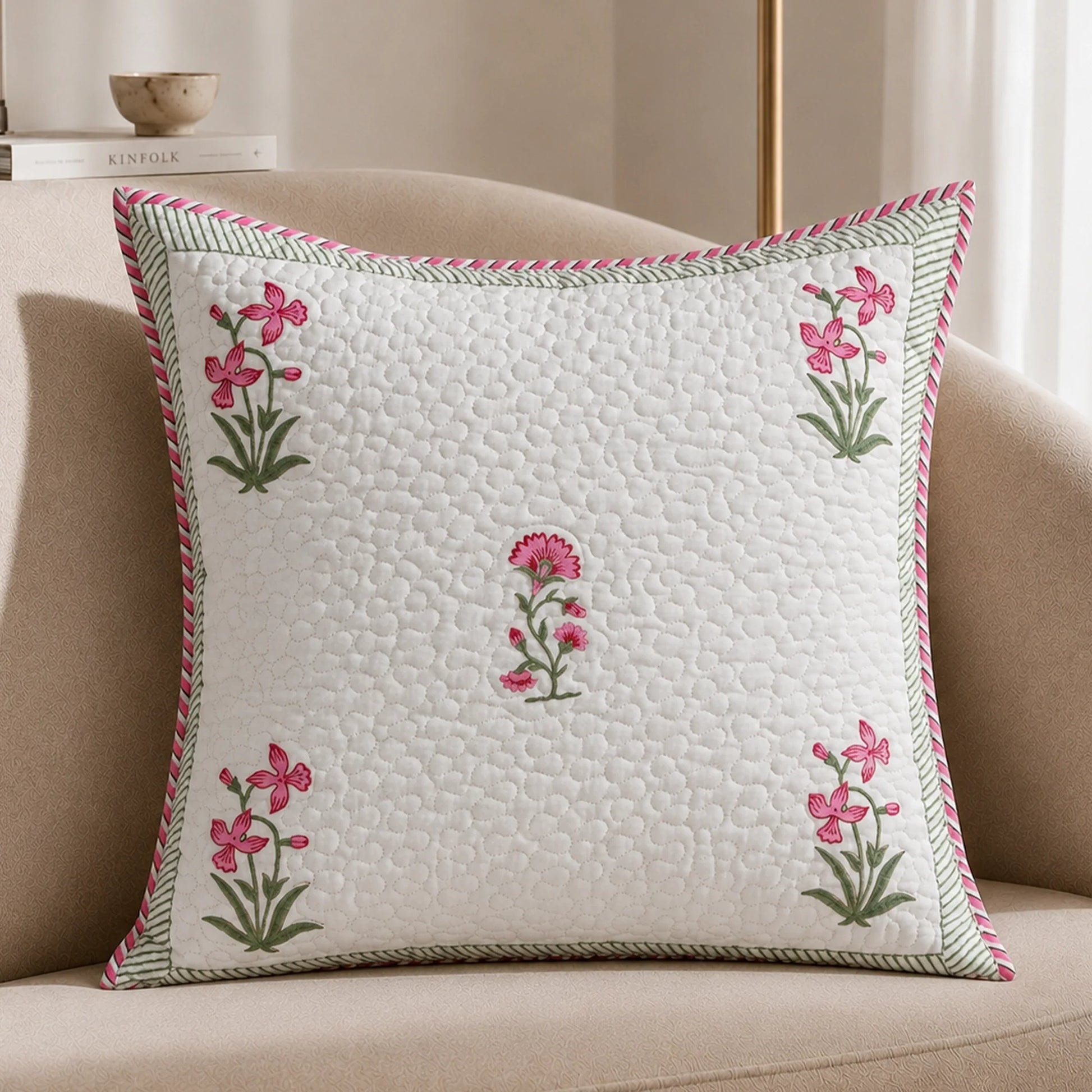 Ombre Orchid - Hand Block Print Quilted Cushion Cover (Pink)-6