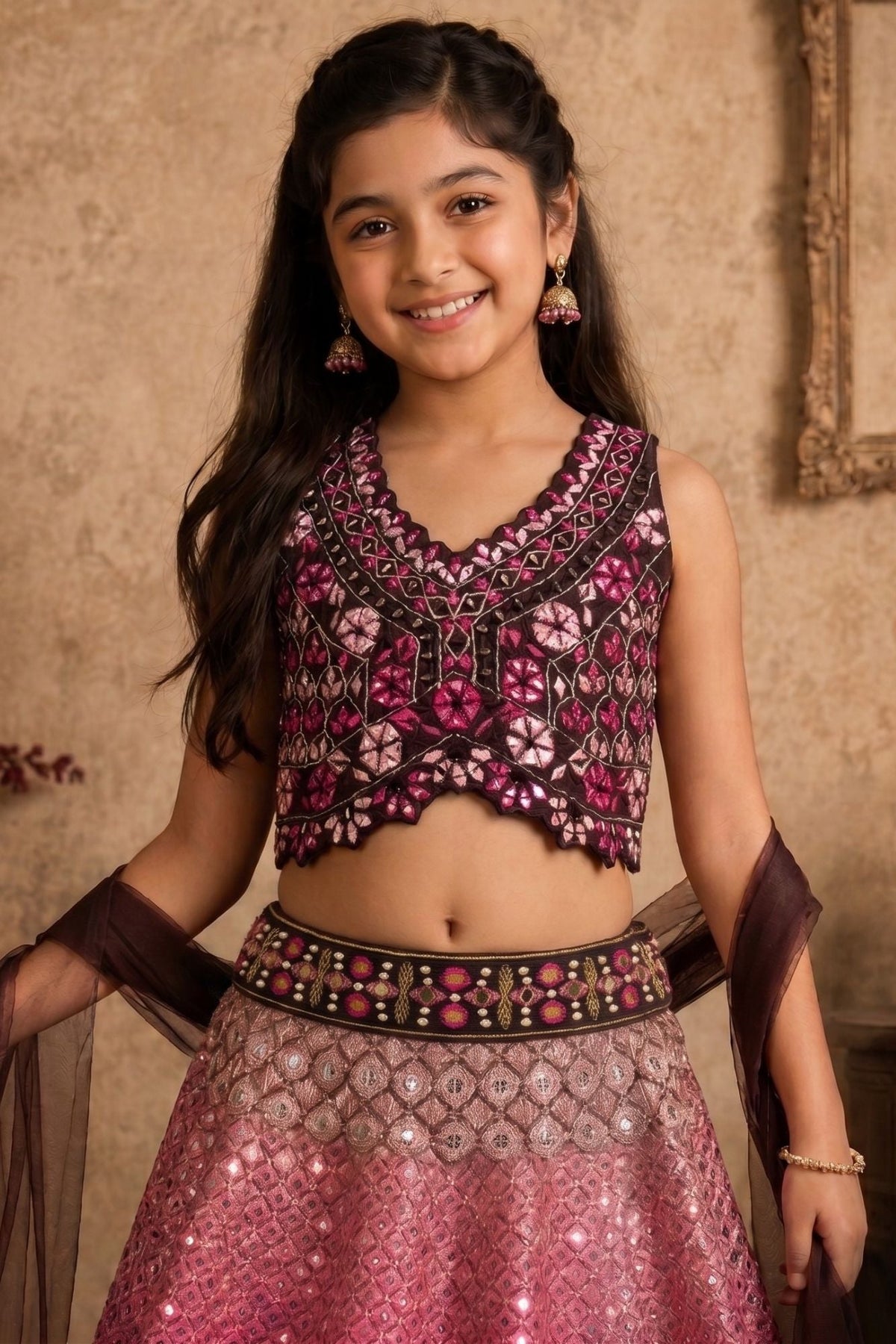 Pink and Brown Ombre Sequin Lehenga Choli Set with Dupatta
