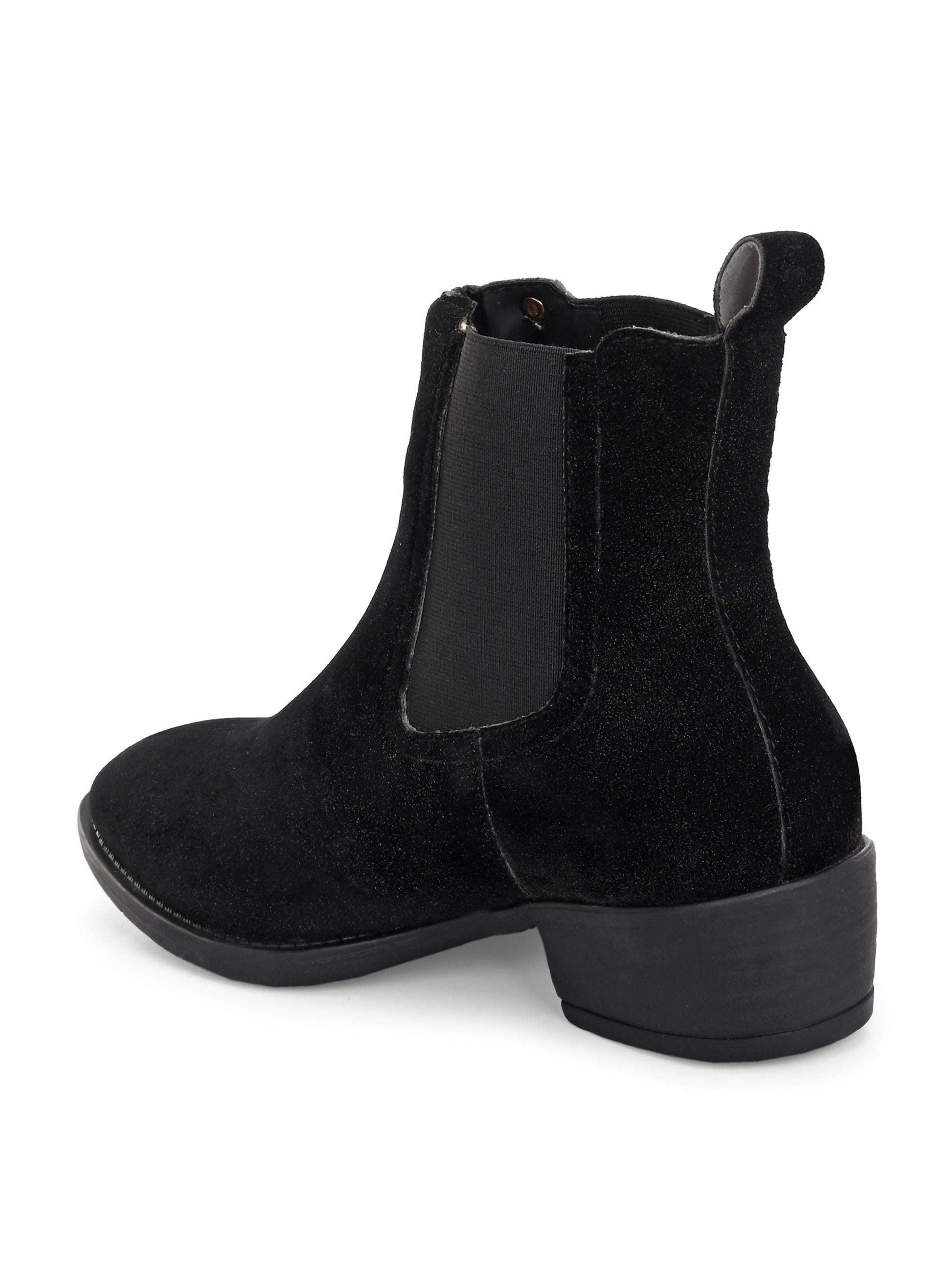 Charcoal suede slip-on boots with elastic side panels and a low block heel, featuring subtle gold detailing for a sleek, versatile look
