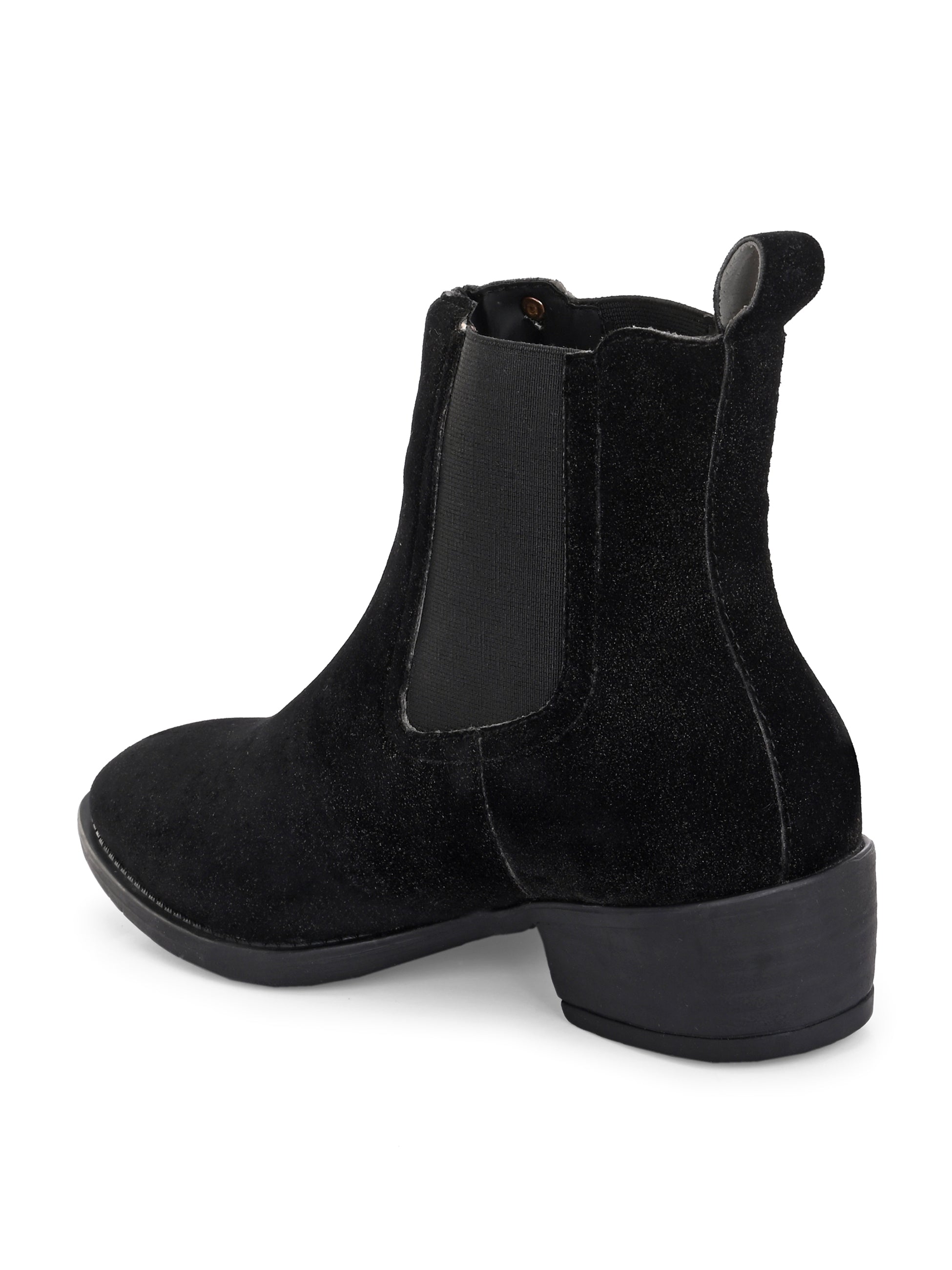 Charcoal suede slip-on boots with elastic side panels and a low block heel, featuring subtle gold detailing for a sleek, versatile look