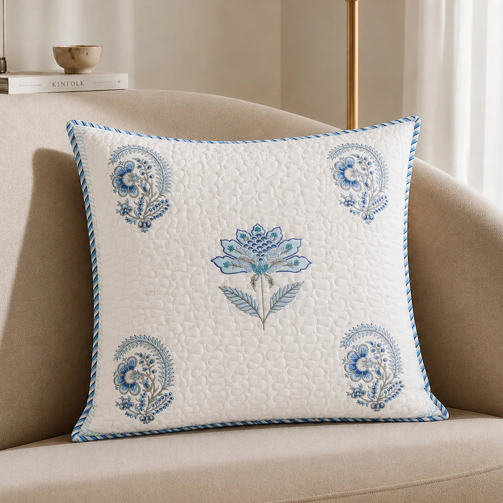 Ombre Tranquil - Hand Block Printed Quilted Cushion Cover (Baby Blue)-6