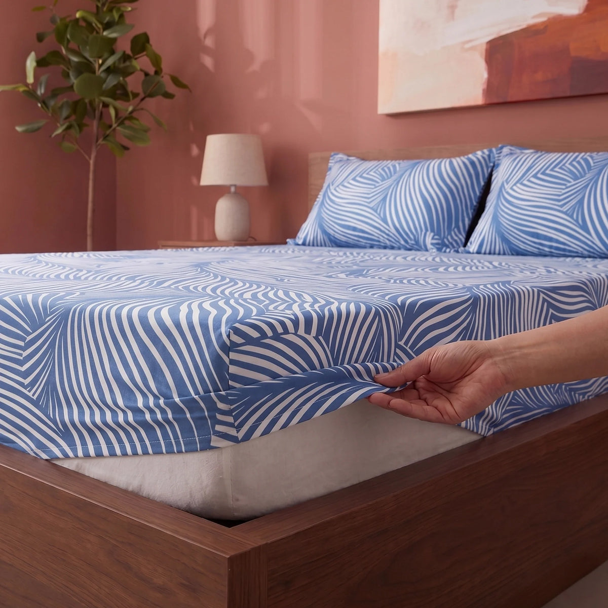 Blue Feather - Fitted Sheet (White & Blue)