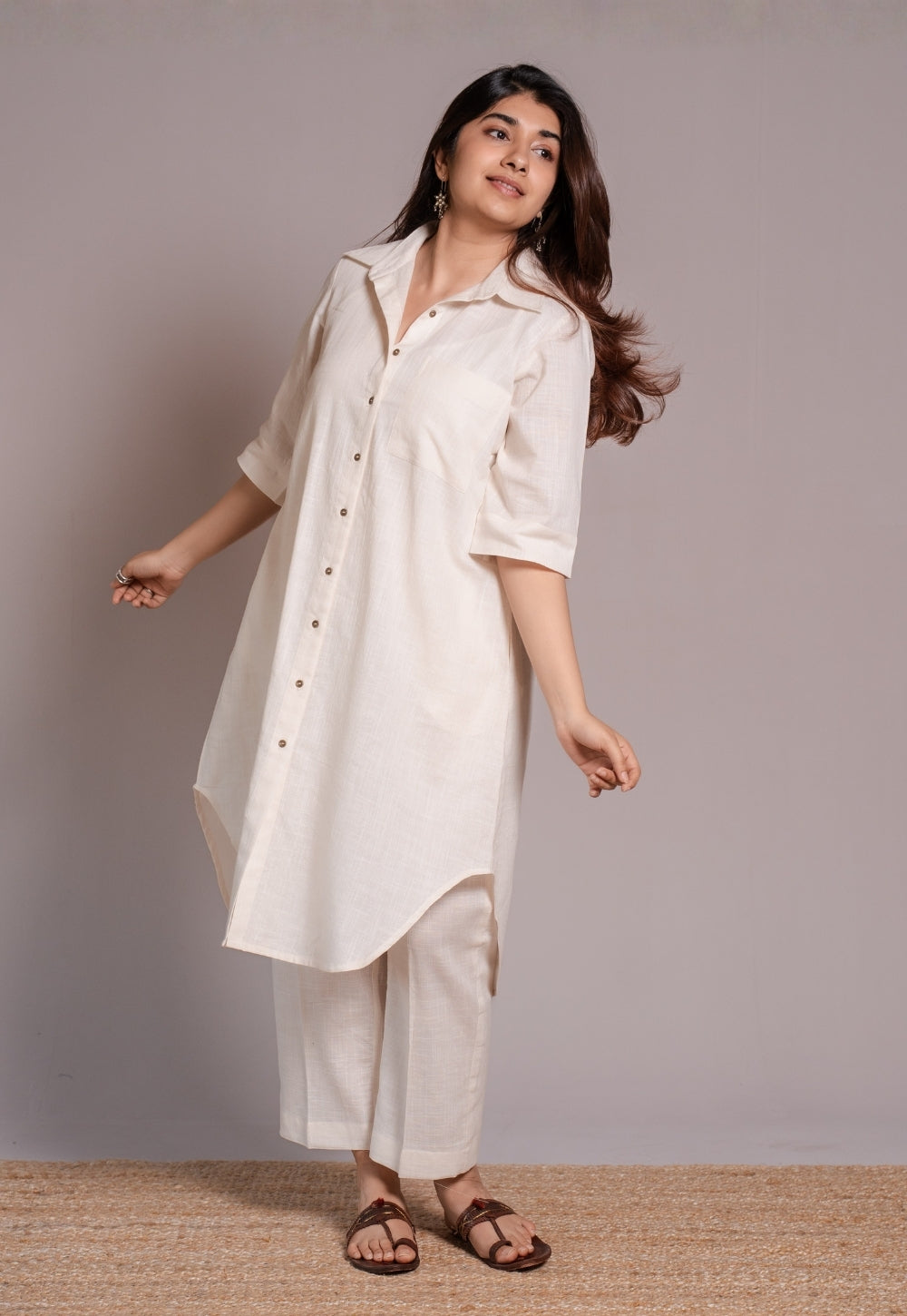 Off White Solid Slub Cotton Straight Co-Ord Set- DyeVerse