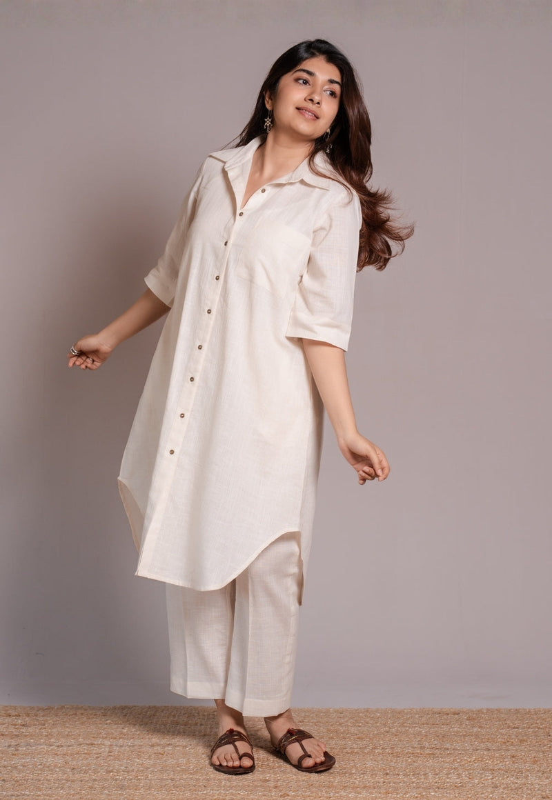 Off White Solid Slub Cotton Straight Co-Ord Set- DyeVerse