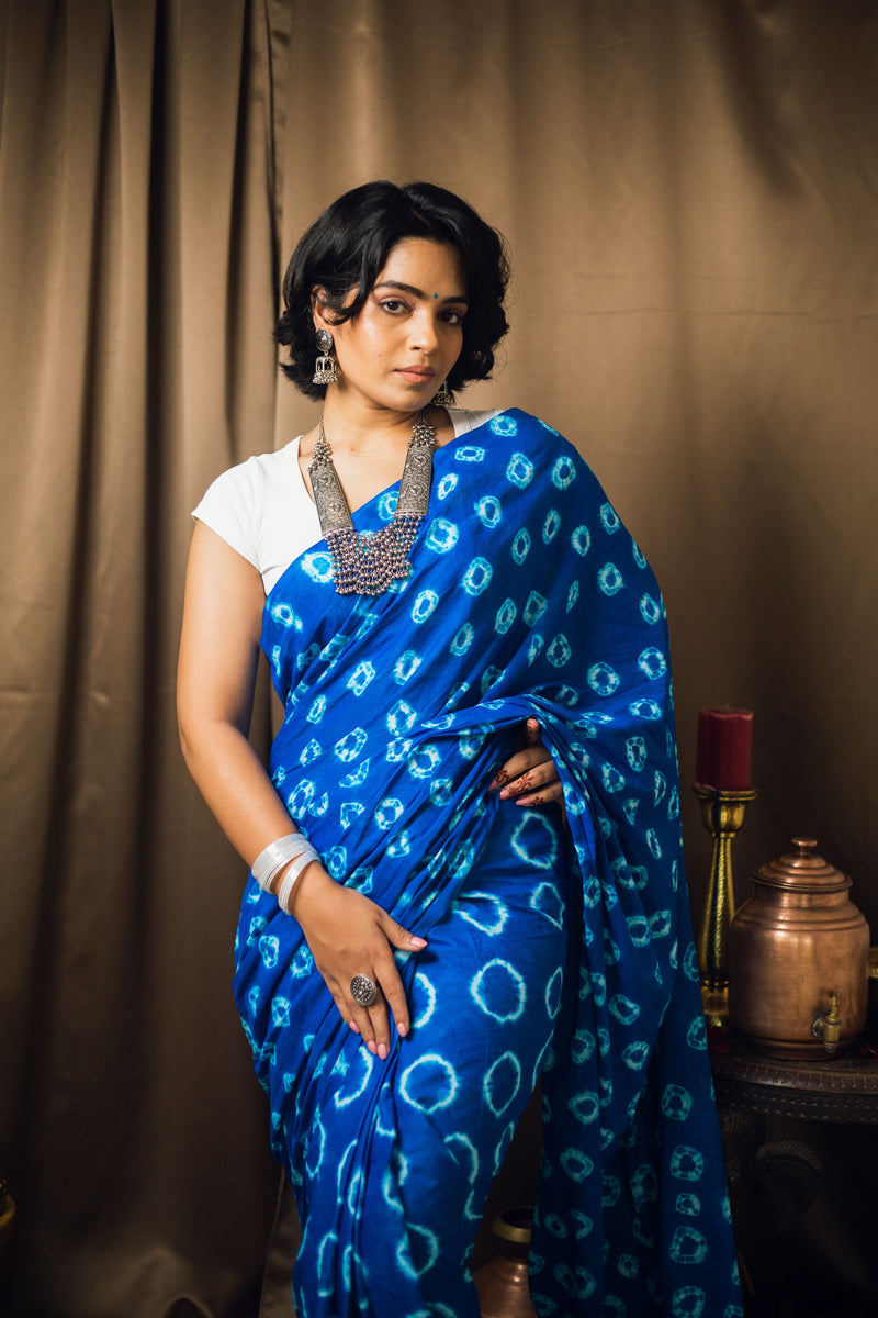 Cotton Mul Tie Dye Saree Blue Bindu-2