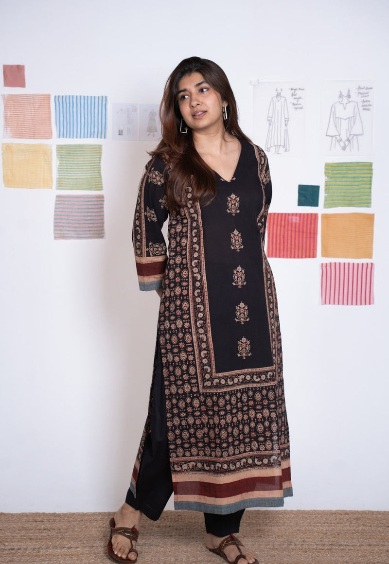 Elisha Black Ajrakh Cotton Straight Kurta