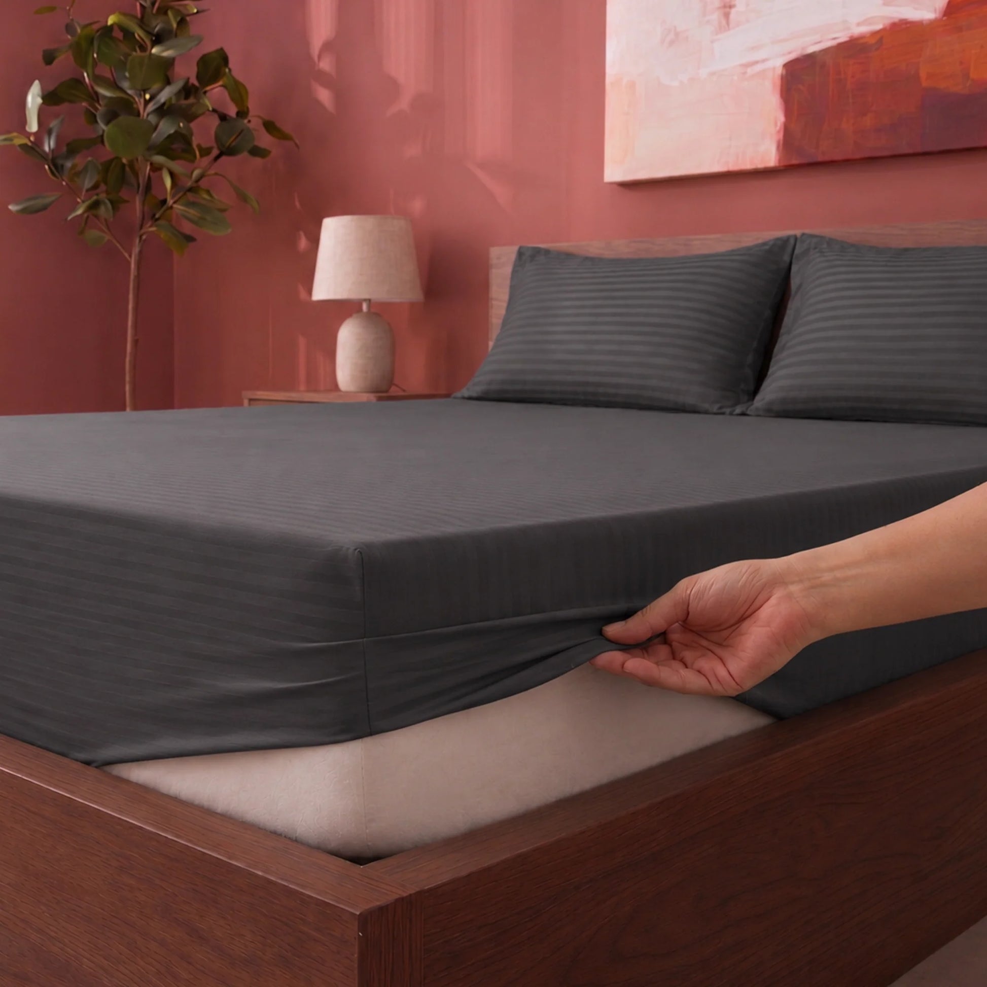 Breton Drift - Satin Stripes Fitted Bedsheet (Grey)-2