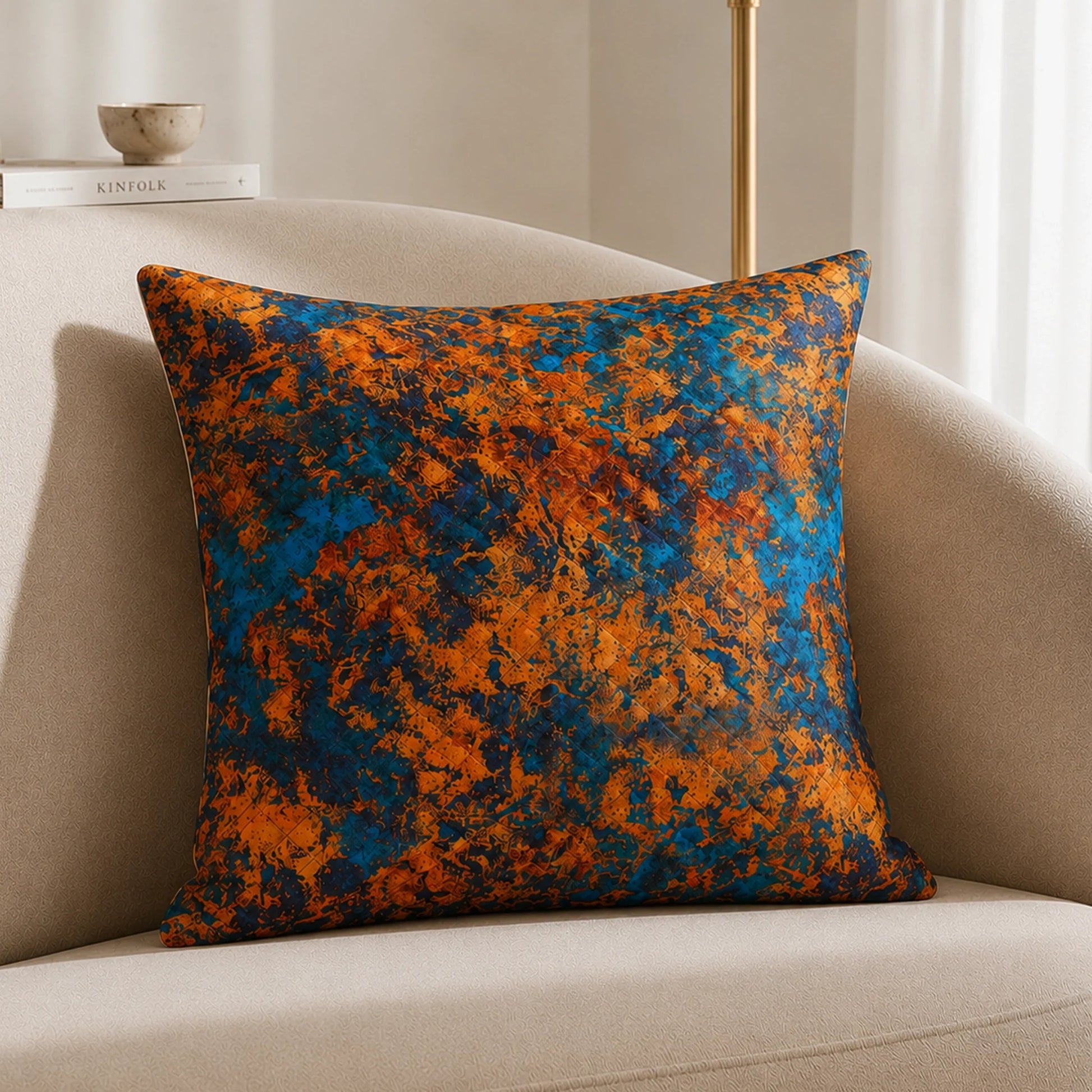 Abstract Pattern Quilted Cushion Cover (Turquoise & Mustard)-2