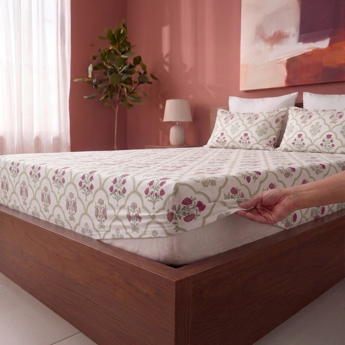 Spring Buds Pink - White Floral Fitted Sheet