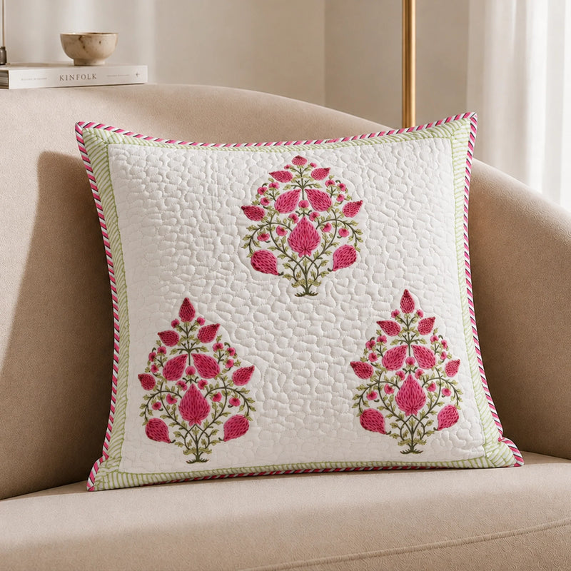 Ombre Berry - Hand Block Print Quilted Cushion Cover (Pink)-6