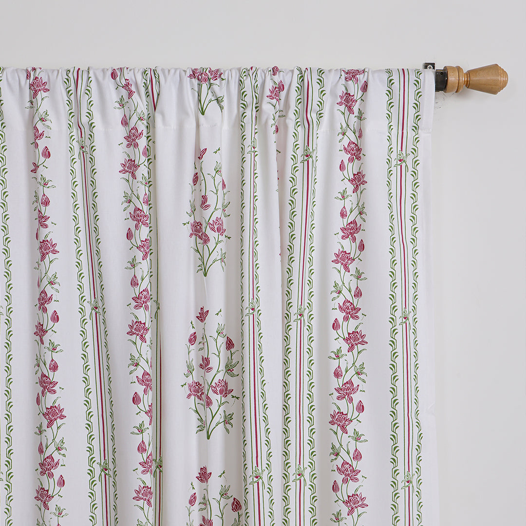 Pink Floral Petal Stripe Rod Pocket Printed duck Curtain