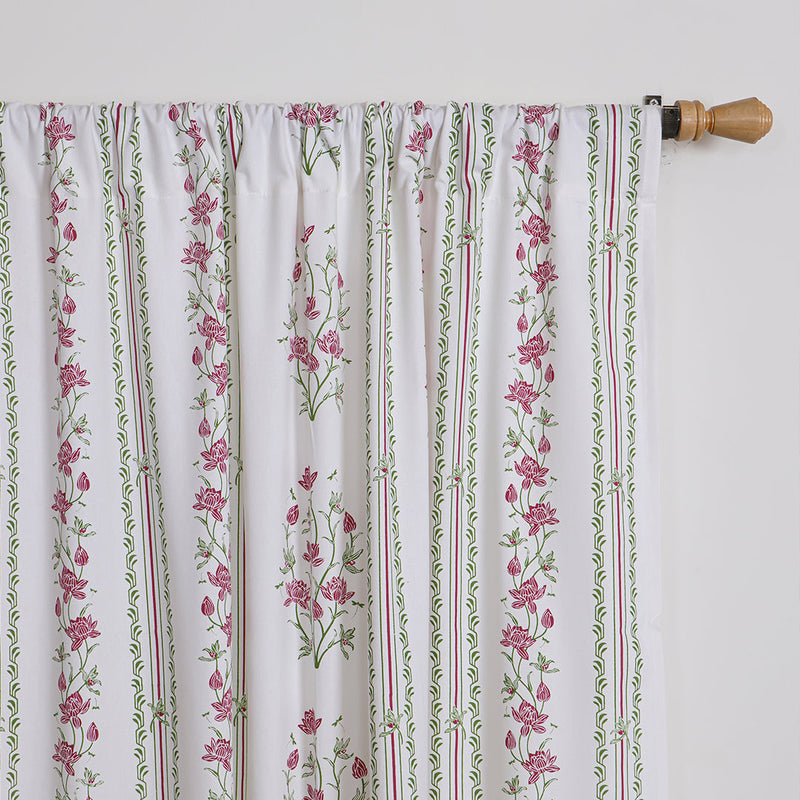 Pink Floral Petal Stripe Rod Pocket Printed duck Curtain-2