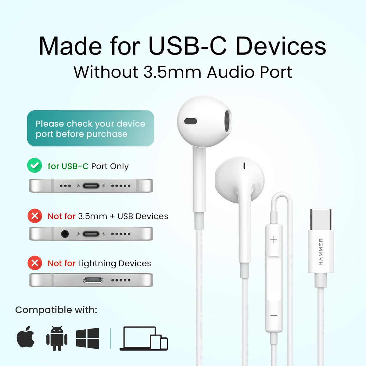HAMMER Nova 3 Type C Earphones with 13mm Drivers, MFB Control, Ergonomic Half In-Ear Wired Earphones – White-2