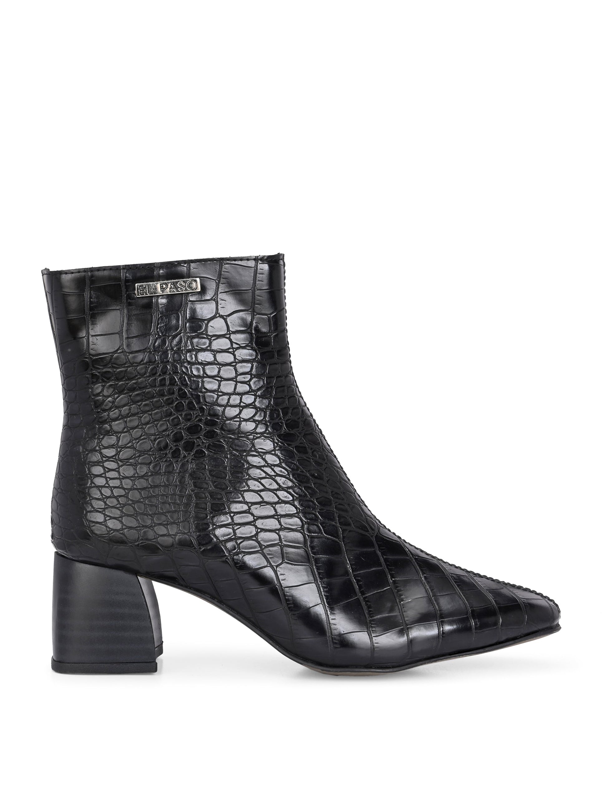 Black crocodile-patterned high heel boot with a block heel and El Paso branding.