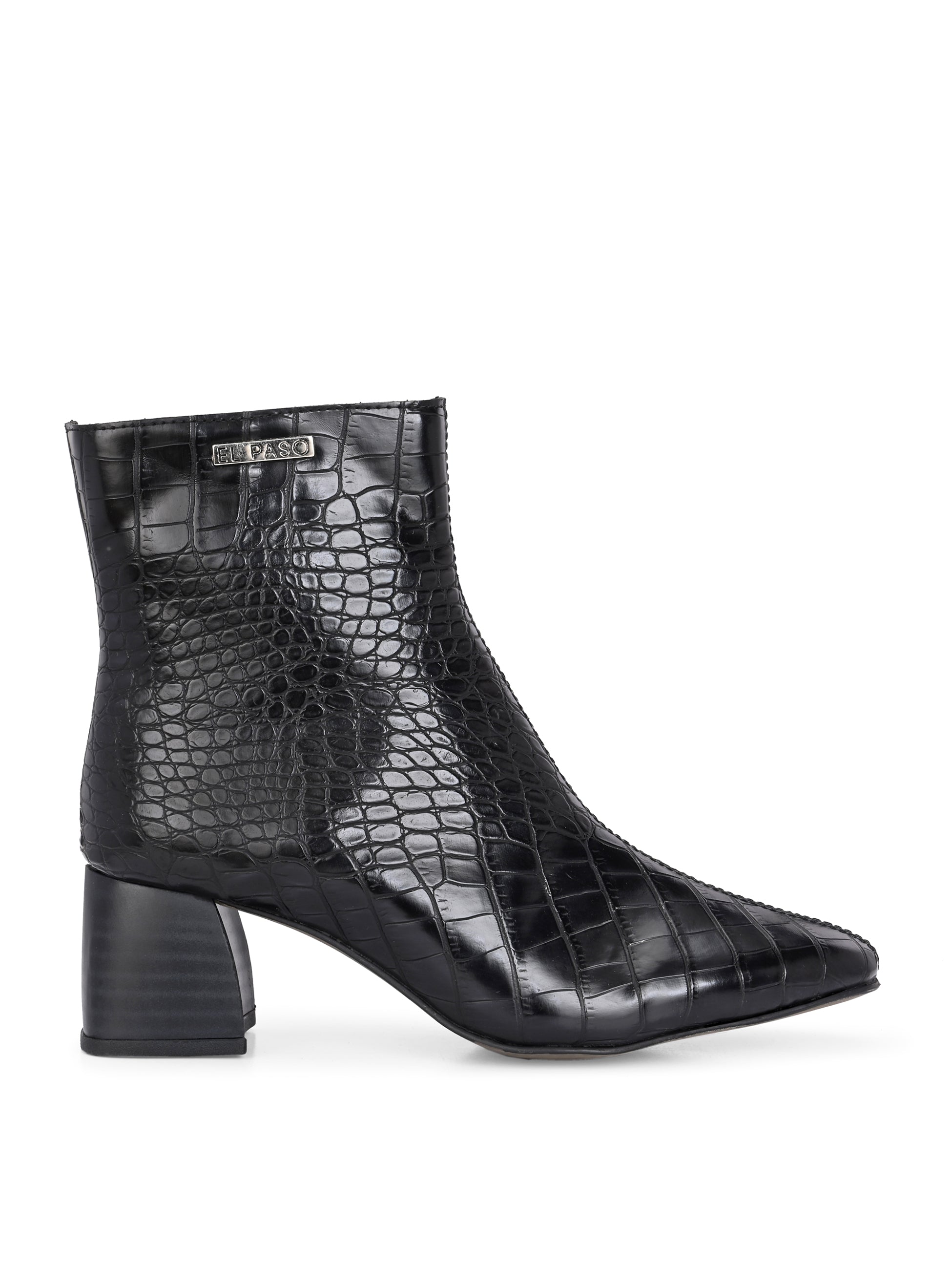 Black crocodile-patterned high heel boot with a block heel and El Paso branding.