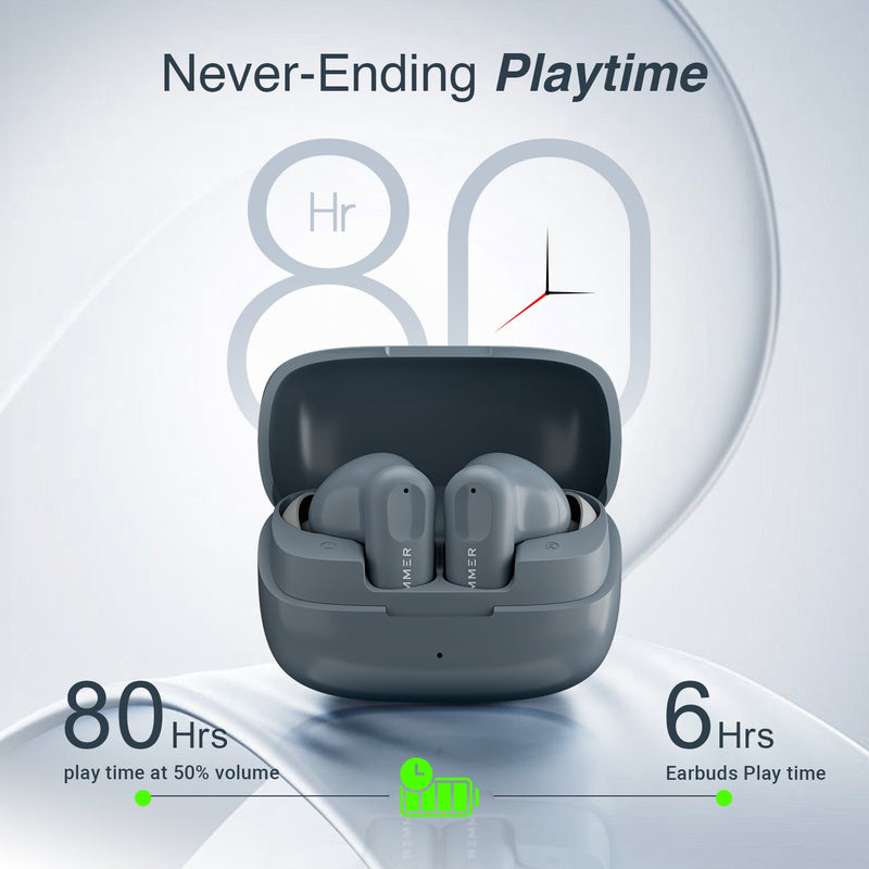 HAMMER Airflow Go Earbuds with 80H Playtime, 13mm Titanium Driver, 40ms Gaming Mode (Grey)-5